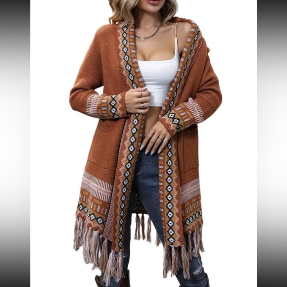 Cozy geo print frill trim cardigan - Picture 4 of 6